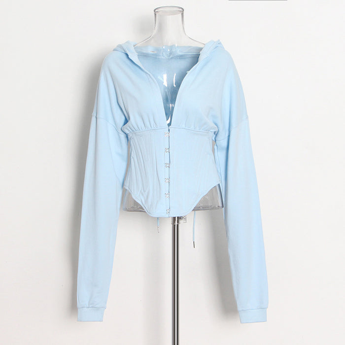 Color-Light Blue-Optional Women Sweater Autumn Solid Color Waist Tied Single Breasted Short Stitching Hoodie-Fancey Boutique