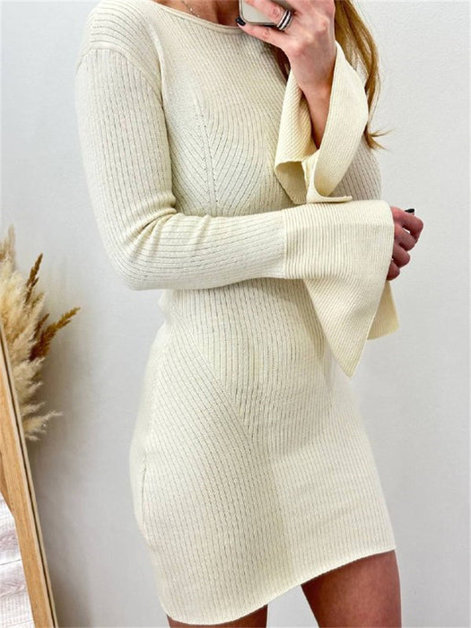 Bell Sleeve Skinny Sheath Woolen Autumn Winter round Neck Knitted Mini Dress-Apricot-Fancey Boutique