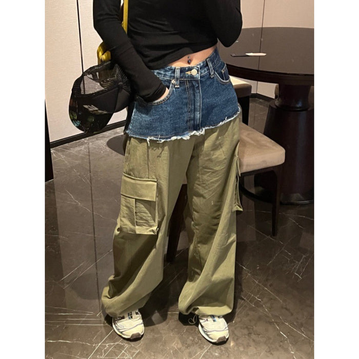 Color-Army Green-Korean Chic Autumn Winter Niche Personality High Waist All Matching Button Pocket Denim Stitching Workwear Casual Pants Trousers Women-Fancey Boutique