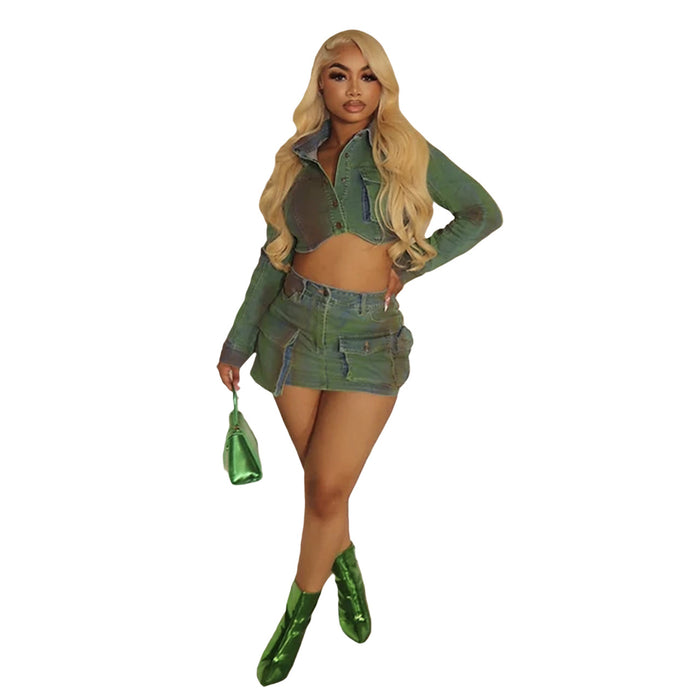 Color-Green-Denim Skirt Outfit Denim Spray Paint Stretch Suit-Fancey Boutique