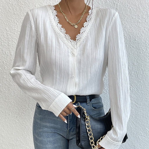 Color-White-Office Slim Fit Long Sleeved V neck Single Breasted Shirt Top for Women-Fancey Boutique