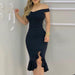 Color-Black-Mid Waist Sexy Pure Black Sexy Suspenders Dress Ruffled Slit off-Shoulder Bandage Dress Prom Formal Gown-Fancey Boutique