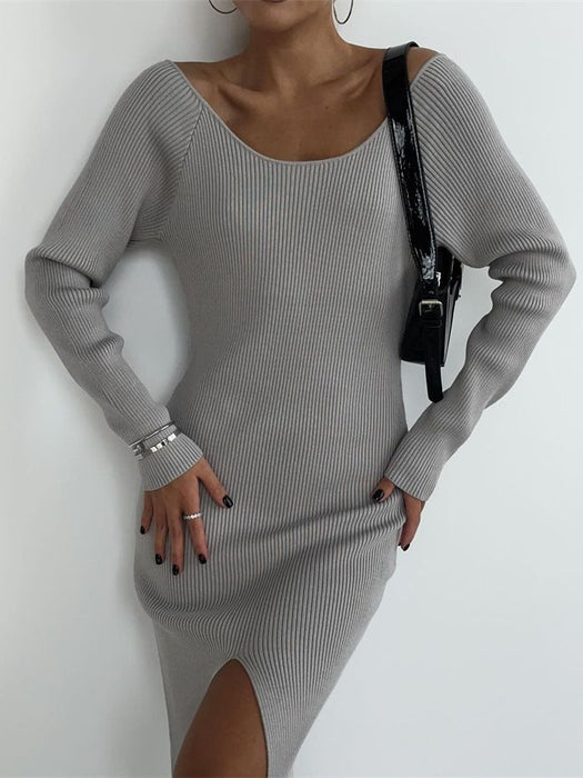 Long Sleeve Mid Length Fall Winter Sweater Dress Backless Tight Sexy Slit Knitted Dress for Women-Fancey Boutique