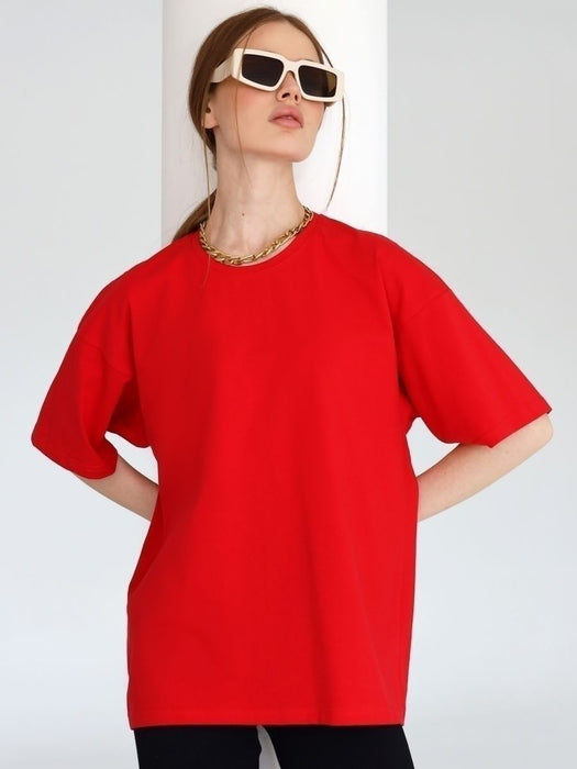 Spring Summer Solid Color T Shirt Women Cotton Short Sleeved Shirt Loose All Match-Red-Fancey Boutique