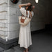 Color-French Young Beige Cotton Linen Puff Sleeve Dress Women Summer Backless Loose V neck Shirt Long Dress-Fancey Boutique