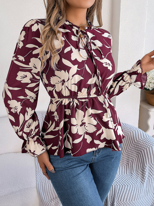 Color-Burgundy-Real Shot Spring Summer Casual Floral Lace up Long Sleeve Chiffon Shirt Top Women Clothing-Fancey Boutique