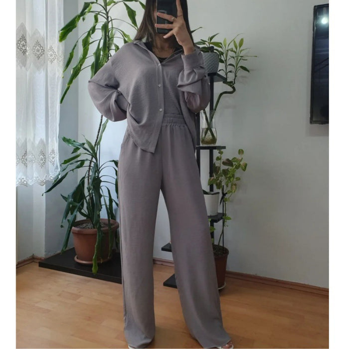 Women Clothing Solid Color Loose Top Casual Wide Leg Pants Women Two Piece Suit-Gray-Fancey Boutique