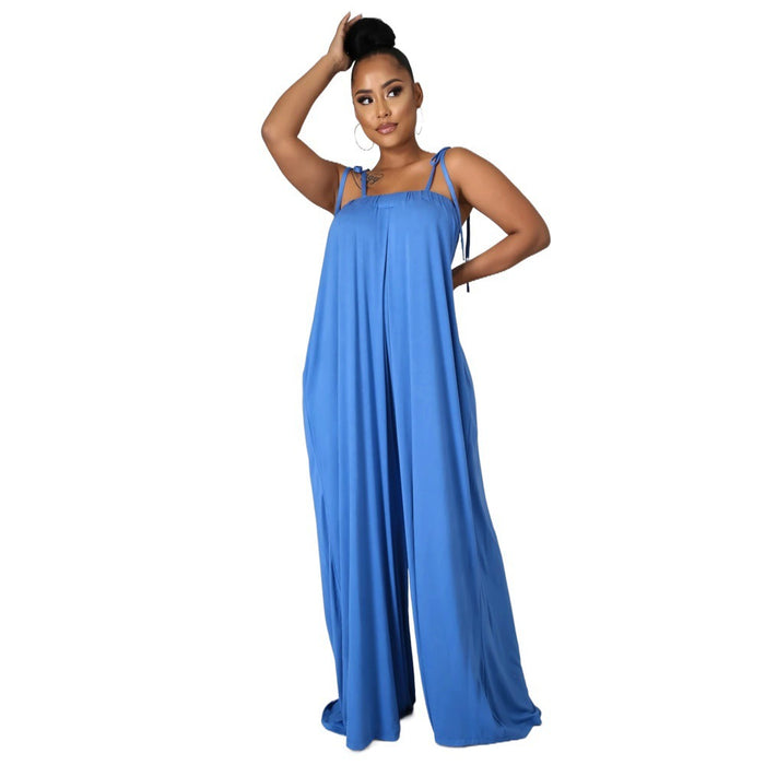 Color-Blue-Solid Color Summer Sleeveless Waist Wrapped Chest Loose Wide Leg Women Jumpsuit-Fancey Boutique