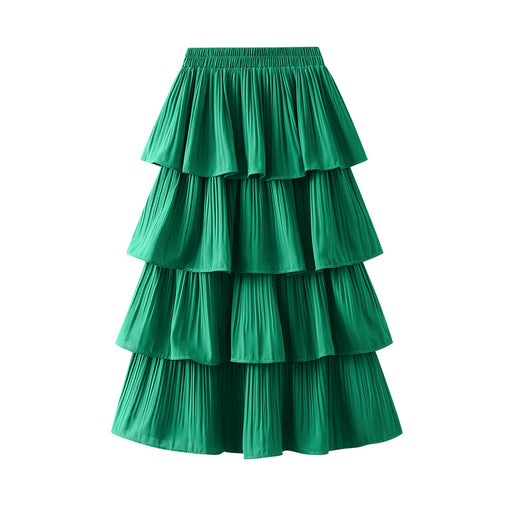 Color-Green-Wooden Ear Stitching Pleated Big Hem Skirt Women's Summer Mid Length Tiered Dress-Fancey Boutique