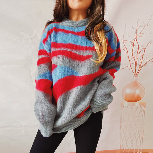 Color-Red-Autumn Winter Irregular Asymmetric Striped Brushed Round Neck Long Sleeve Loose Knitted Pullover Sweater-Fancey Boutique