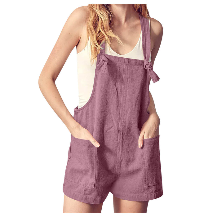 Color-Purple-1-Women Clothing Solid Color Stickers Bags Cotton Linen Loose Casual Lace Up Suspenders Pants-Fancey Boutique