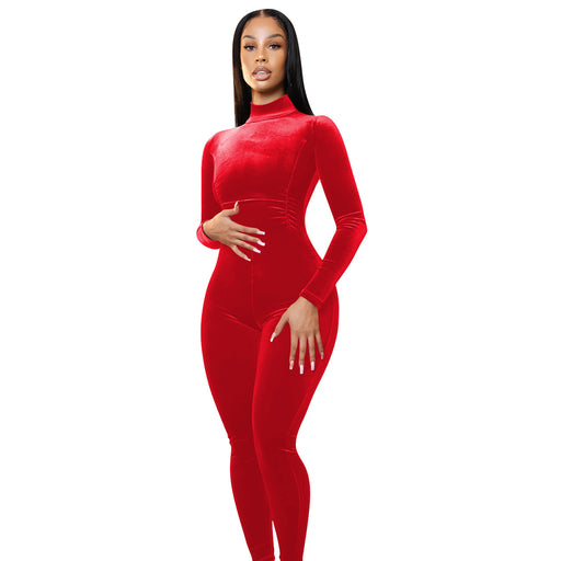 Women Clothing Sexy Tight Velvet Jumpsuit Women Clothing-Red-Fancey Boutique