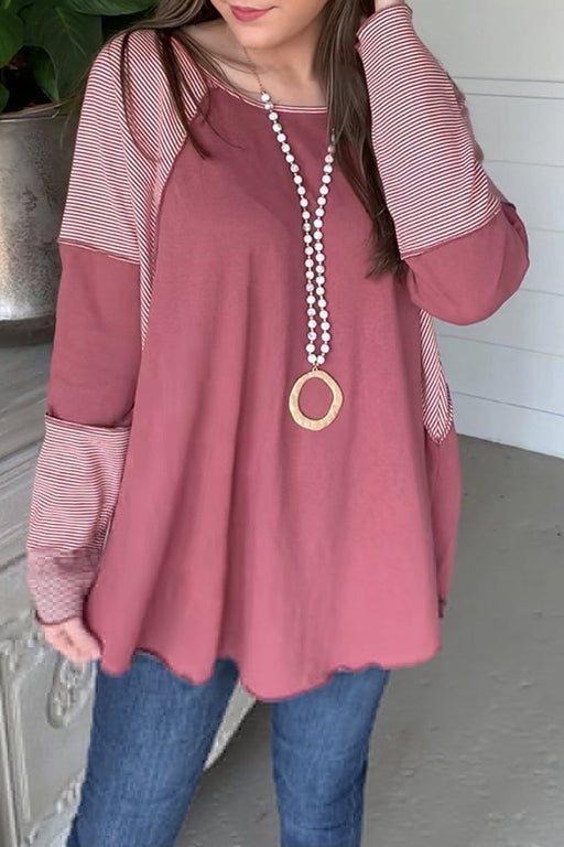 Color-Pink-Ladies Autumn Top Loose Casual Cotton T Striped Color Contrast Patchwork Pullover-Fancey Boutique