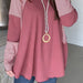 Color-Pink-Ladies Autumn Top Loose Casual Cotton T Striped Color Contrast Patchwork Pullover-Fancey Boutique