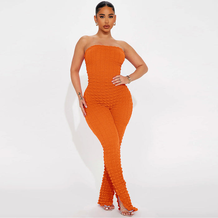 Color-Orange-Women Clothing Bubble Grid Tube Top Jumpsuit-Fancey Boutique