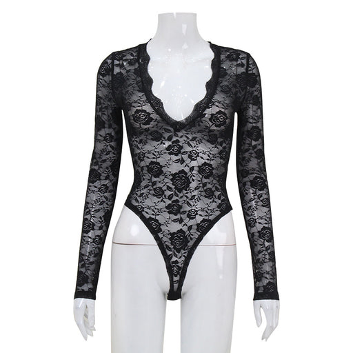 Color-Black-Women Clothing Sexy Lace See through Long Sleeve Tight Sexy Lace Sexy Jumpsuit Top-Fancey Boutique