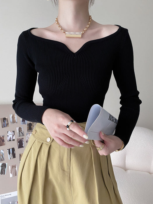 Color-Black-Petal Collar Short Sweater for Women Autumn Slim Fit Collarbone Bottoming Shirt-Fancey Boutique