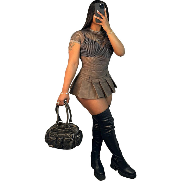 Women Clothing Leather Sexy Solid Color Zipper Pleated Miniskirt-Dark Brown-Fancey Boutique