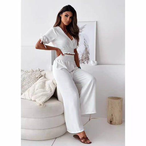 Women Clothing Women Clothing Solid Color Half Sleeve Trousers Suit-White-Fancey Boutique