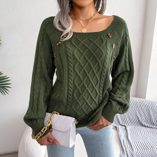 Color-Army Green-Autumn Winter Casual Square Collar Clinch Twist Knitted Pullover Sweater Women Clothing-Fancey Boutique