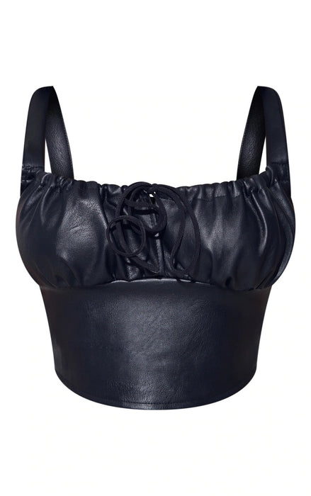 Color-Black-Leather Elastic Band Vest Faux Leather Sexy Pleated Tube Top Square Collar Slimming Sling-Fancey Boutique
