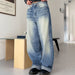 High Street Fashionable Trendy Wash Contrast Color Loose Wide Leg Sexy Low Waist Casual Denim Trousers Summer-Fancey Boutique