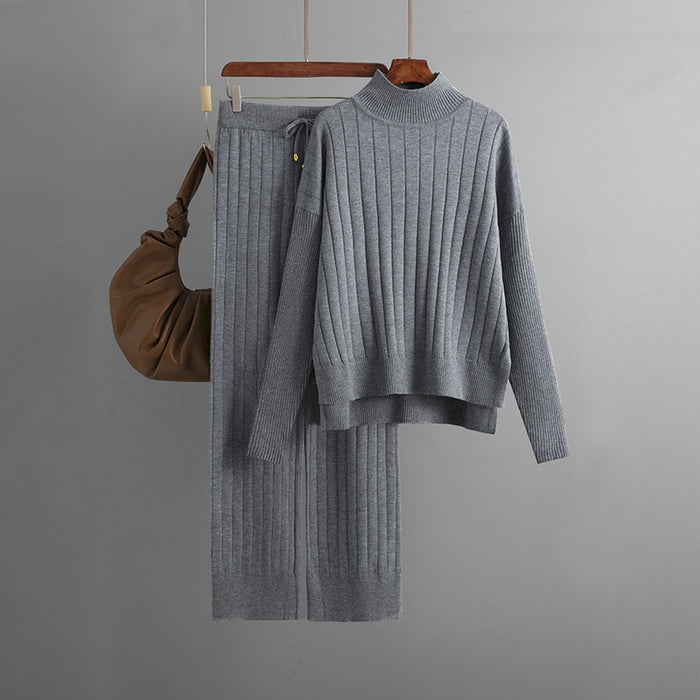 Color-Gray-Women Clothing Autumn Winter Sunken Stripe Mock Neck Sweater Suit Solid Color Loose Warm Pullover Two Piece Set-Fancey Boutique