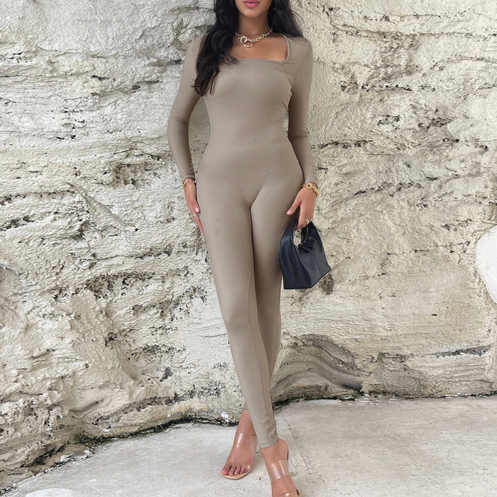 Color-Gray-Women Jumpsuit Elegant Slim Fit Long Sleeved Jumpsuit-Fancey Boutique
