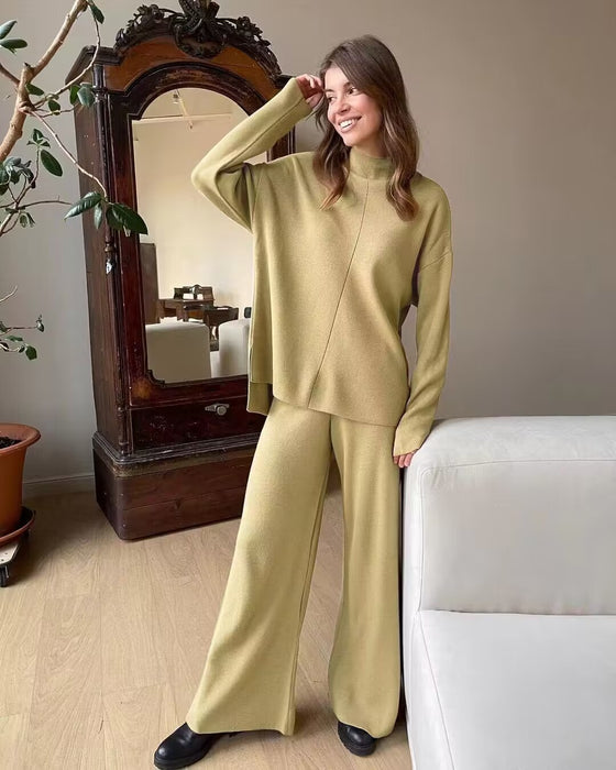 Color-Khaki Suit-Autumn Winter Russian Long Sleeve Loose Casual Sweater Knitted Top Trousers Set-Fancey Boutique
