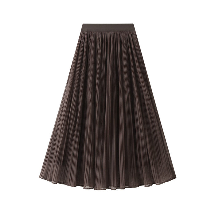 Color-Deep Coffee-Mesh Skirt Women Autumn Winter High Waist Cover Two Sides Pleated Mid Length Large Swing A Line Gauze Skirt-Fancey Boutique