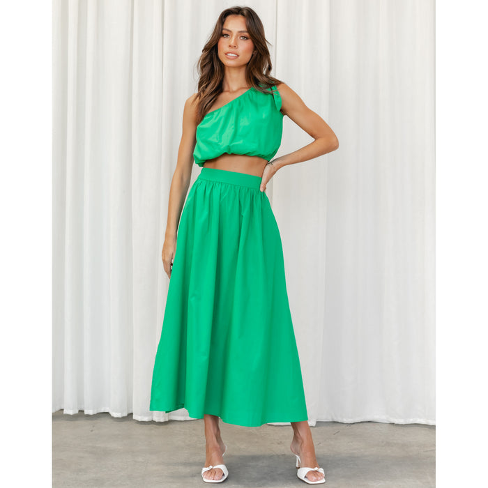 Color-Green-Spring Summer Solid Color Office Shoulder Lace up Two Piece Dress-Fancey Boutique