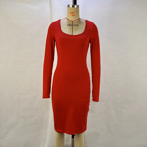 Color-Red-Women Clothing Autumn Winter Square Collar Long Sleeve Solid Color Waist Tight Slimming Sheath Dress-Fancey Boutique