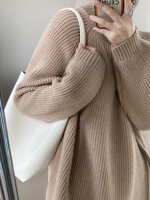 Color-Khaki-Design Double Headed Oblique Zipper Turtleneck Sweaters Women Clothing Autumn Winter Lazy Casual Sweater-Fancey Boutique