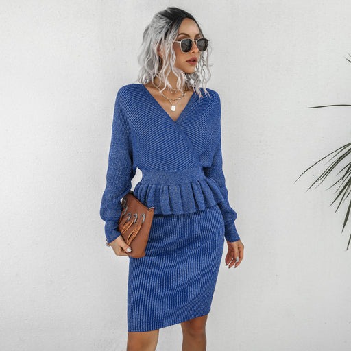 Color-Blue-Women Clothing Autumn Winter Casual Ruffled Knitted Sweater Dress Two Piece Set-Fancey Boutique