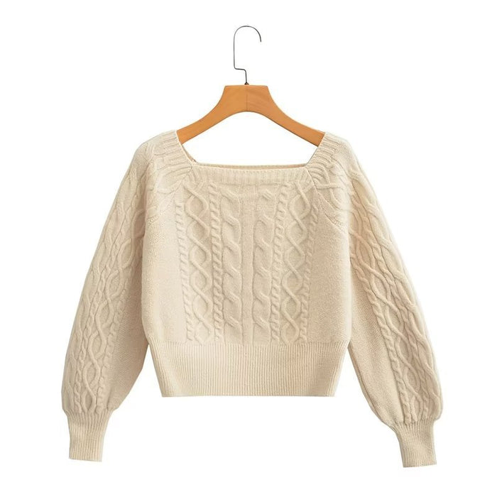 Color-Apricot-Soft Glutinous Cable Knit Sweater Women Autumn Winter Sweet Idle Design Square Collar Short Sweater-Fancey Boutique