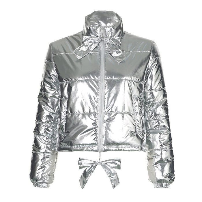 Color-Silver-Winter Metallic Coated Fabric Thicken Thermal Puffer Jacket Coat Glossy Stand up Collar Bowknot Decorative Zipper Slim Fit Cotton Padded Jacket-Fancey Boutique