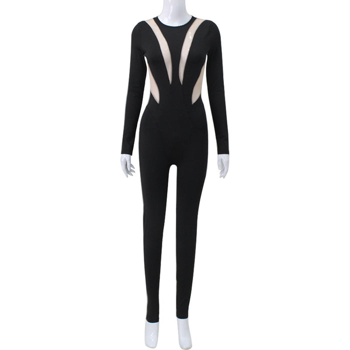 Color-Black-Women round Neck Long Sleeve Color Matching Trendy Long Jumpsuit Autumn Winter-Fancey Boutique