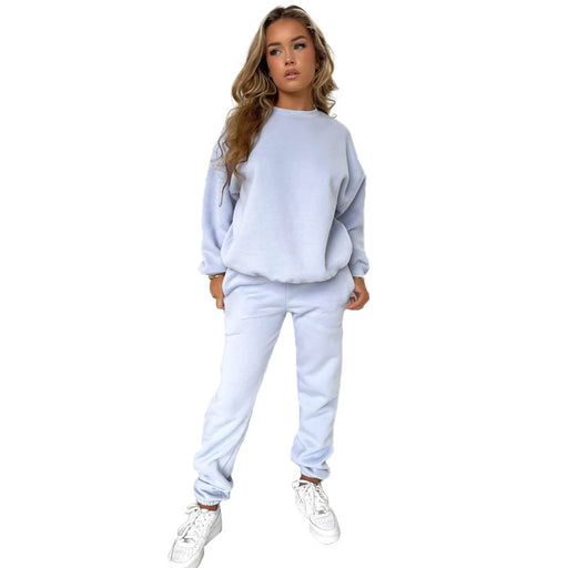 Color-Light Blue-Autumn Winter Women Clothing Solid Color round Neck Pullover Long Sleeve Cotton Sweater Casual Trousers Suit-Fancey Boutique