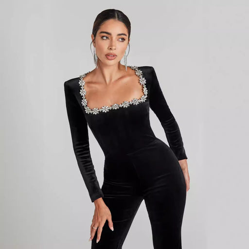 Arrival Sexy with Diamond Hollow Out Cutout High Waist Slim Solid Color Jumpsuit-Fancey Boutique