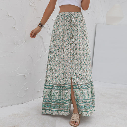 Color-Mint-Summer Women Collection High Waist Print Breasted Split Skirt-Fancey Boutique