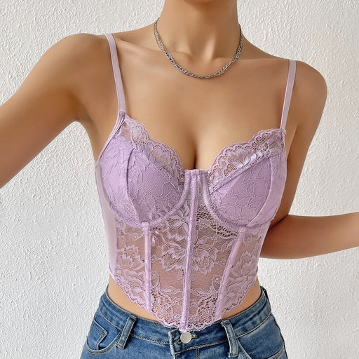 Color-Purple-Sexy Lace Steel Ring Diamond Boning Corset Cropped See through Sexy Decoration Vest for Women-Fancey Boutique