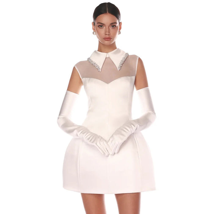 Autumn Winter Elegant Pure White Satin Mesh Dress Slim Gloves Pettiskirt Women Clothing-Fancey Boutique