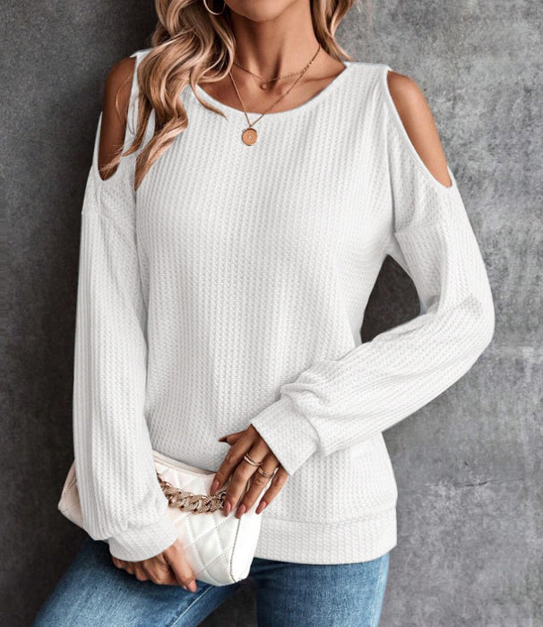 Color-White-Autumn Winter Off The Shoulder Button Loose Long Sleeved T Shirt Top Women-Fancey Boutique