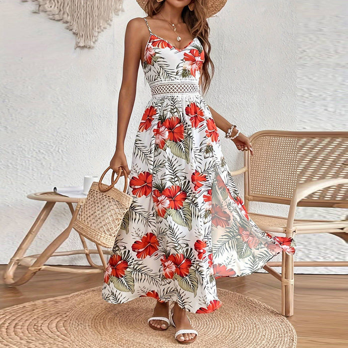 Women Bohemian Chiffon Printed Lace Suspender Summer Burst Length Dress-Fancey Boutique