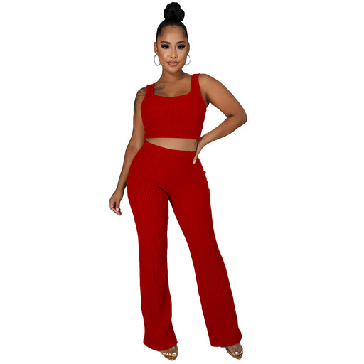 Color-Red-Summer Women Clothing High Elastic Sunken Stripe Sleeveless Solid Color Blouse Pants-Fancey Boutique