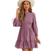 Color-Purple-Solid Color Knee Length Autumn Long Sleeve Waist Tight Smocking Stringy Selvedge Dress-Fancey Boutique