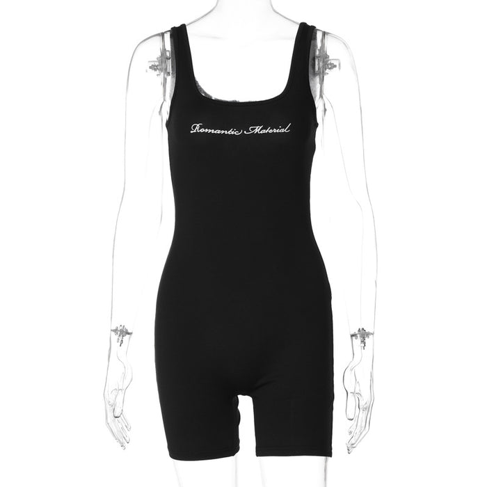Women Clothing Summer Street Shooting Letter Graphic Printed Slim Shoulder Strap Jumpsuit-Black-Fancey Boutique