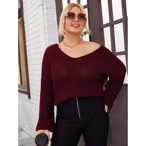 Color-Red-Plus Size Real Shot Women Clothing Autumn Winter V neck Knitted Sweater for Women-Fancey Boutique