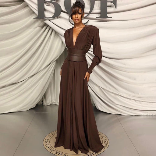 Color-Spring Summer Chocolate Design Waist Seal Pleated Dress Brown Women Dress-Fancey Boutique