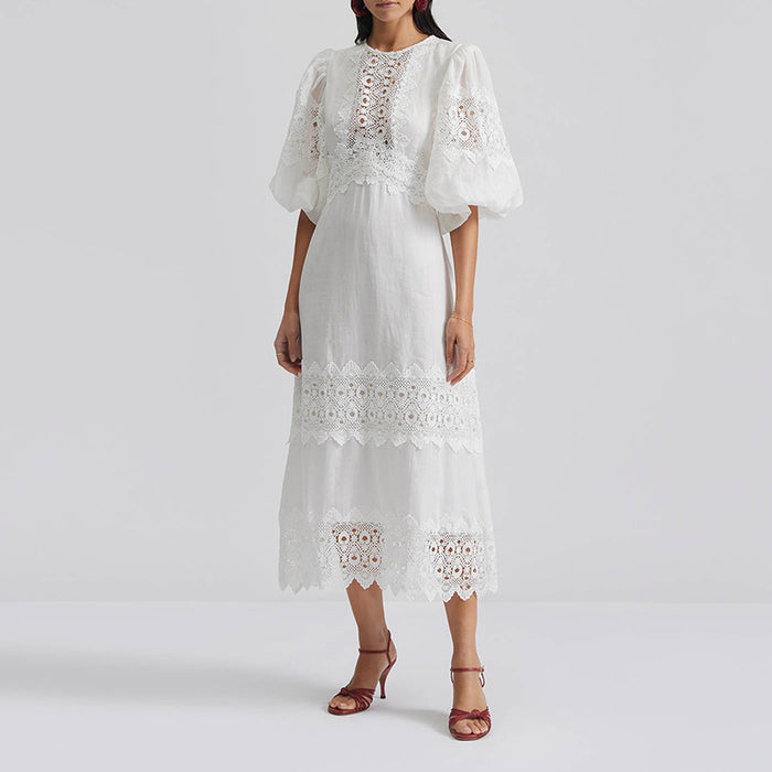 Women Dress Summer Round Neck Lantern Sleeve Hollow Out Cutout out Cinched Long Sleeve Dress Women-White-Fancey Boutique